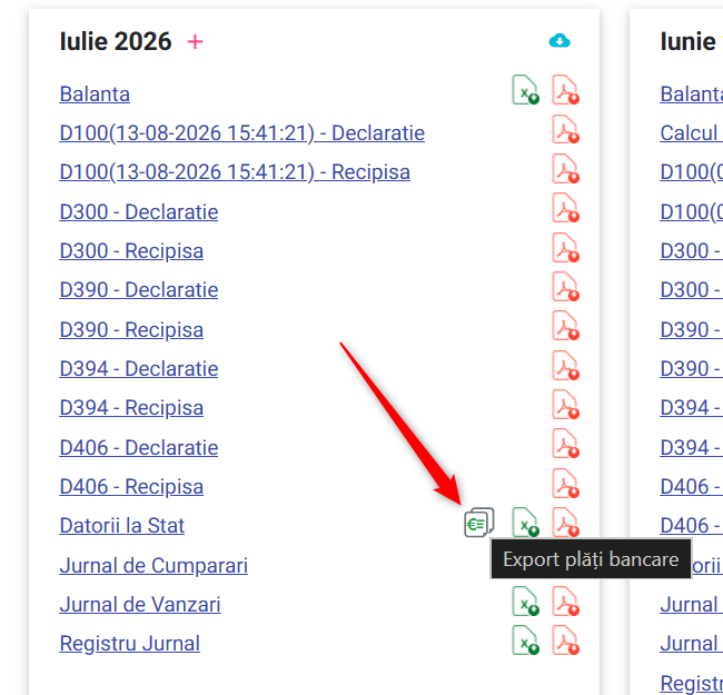 Butonul „Export plăți bancare” în dreptul lunii, în Rezultate Lunare