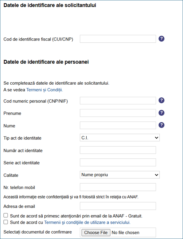 ANAF persoane fizice - Datele de identificare ale solicitantului