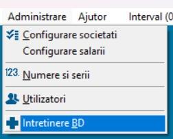 Meniul Administrare din Saga desktop, cu opțiunea Întreținere BD