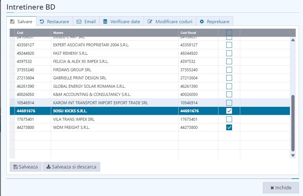 Tab-ul Salvare din Întreținere BD și butonul Salvează și descarcă